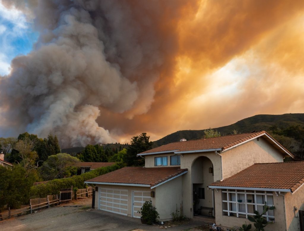 House in California with looming smoke from a wildfire in the background.