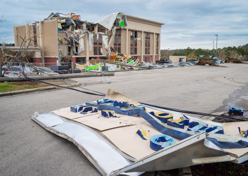 Commercial property large loss of a hotel damaged by a tornado.